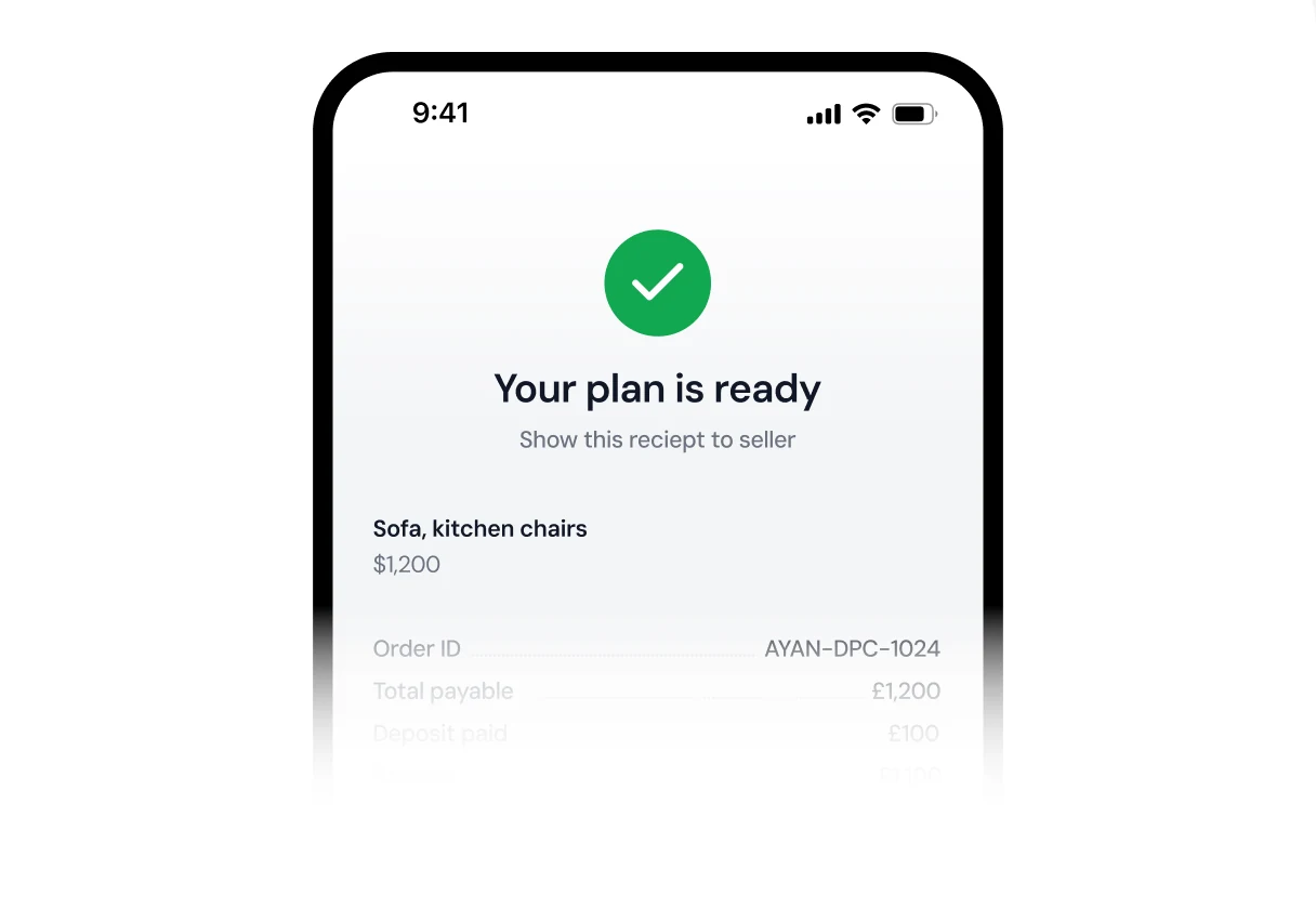 Phone showing a confirmed instalment plan receipt with order total and deposit paid