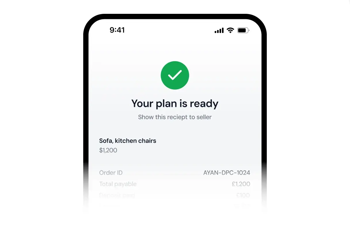 Phone showing a confirmed instalment plan receipt with order total and deposit paid