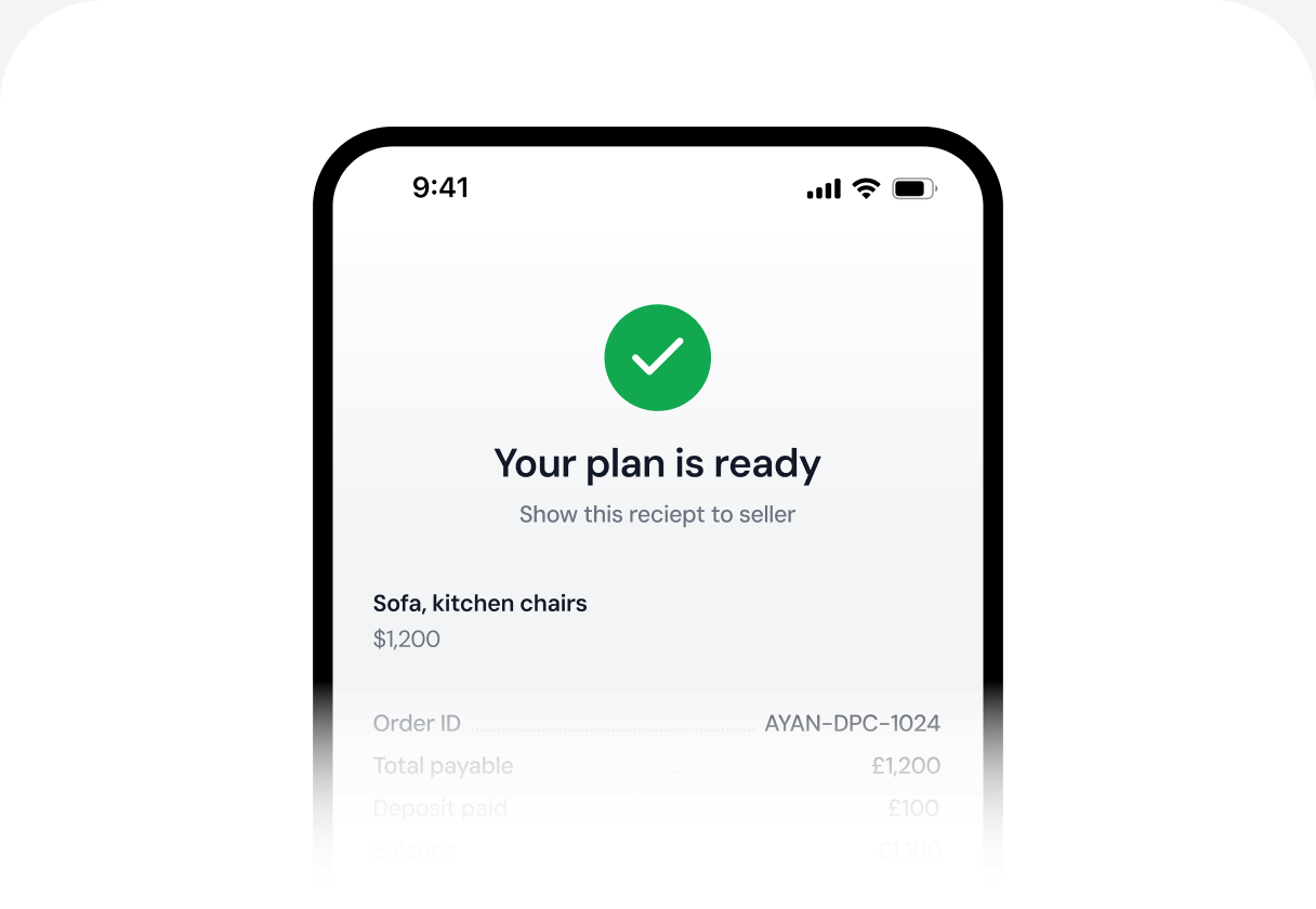 Phone showing a confirmed instalment plan receipt with order total and deposit paid
