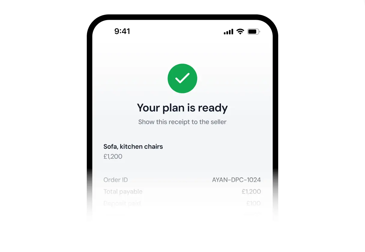 Phone showing a confirmed instalment plan receipt with order total and deposit paid