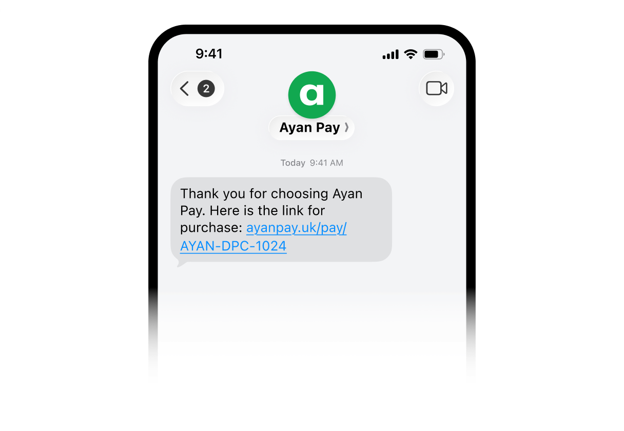 Phone showing a text message from Ayan Pay containing a payment link for the customer