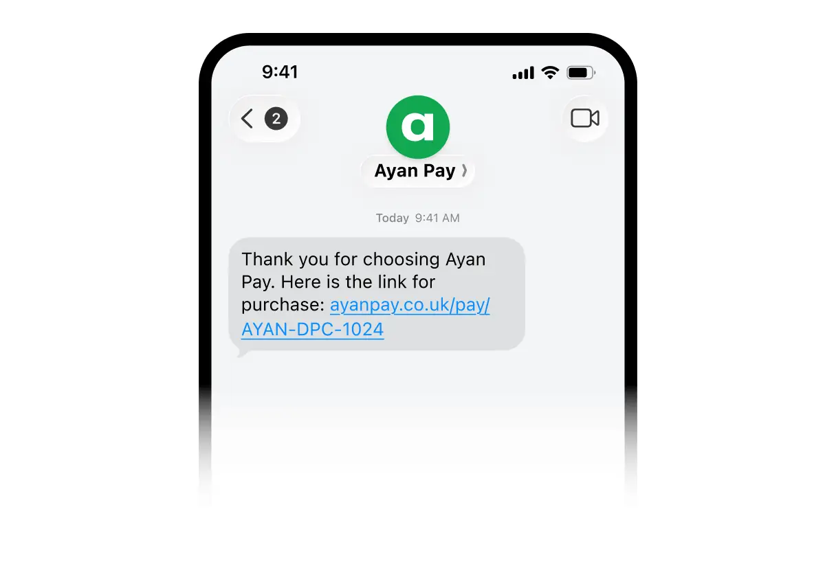 Phone showing a text message from Ayan Pay containing a payment link for the customer