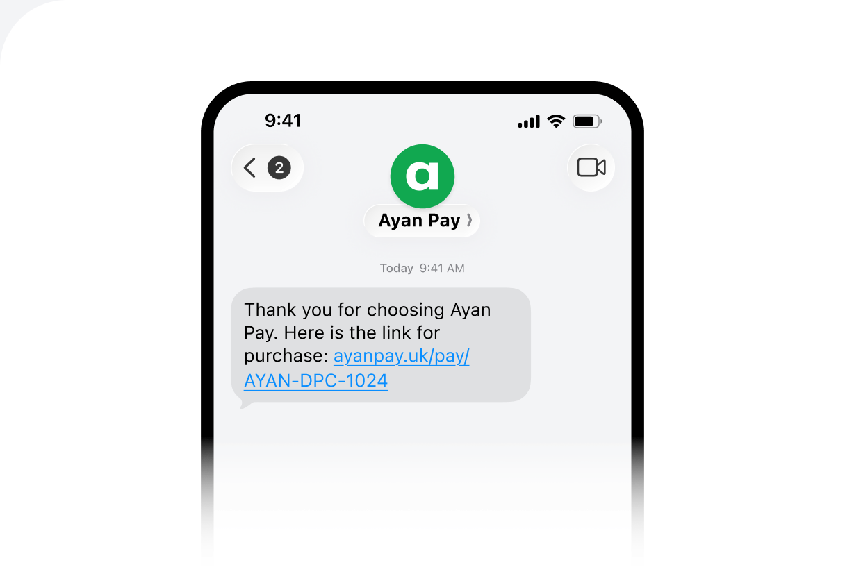Phone showing a text message from Ayan Pay containing a payment link for the customer