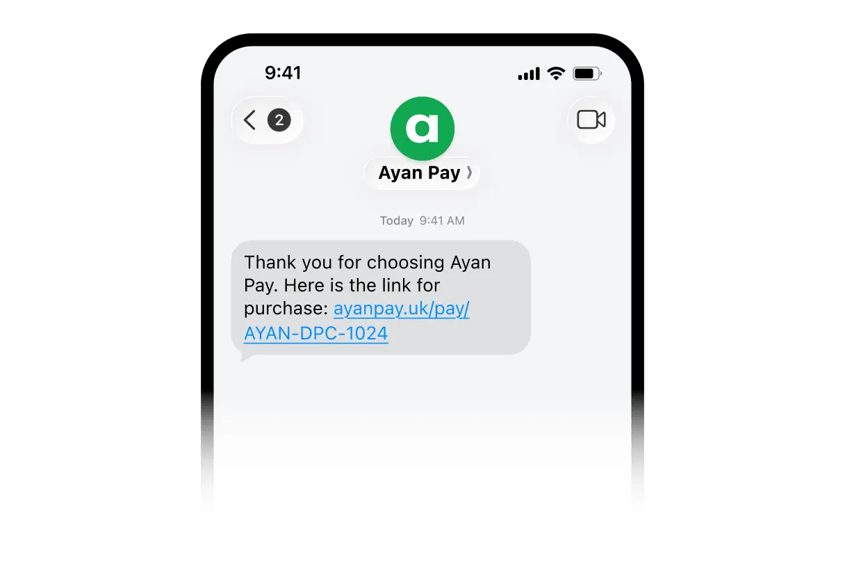 Phone showing a text message from Ayan Pay containing a payment link for the customer