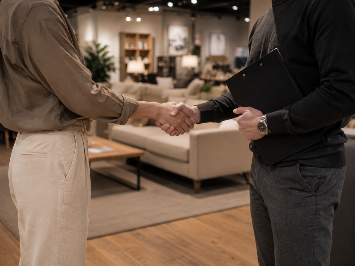 A shop assistant and a customer shaking hands in a furniture showroom